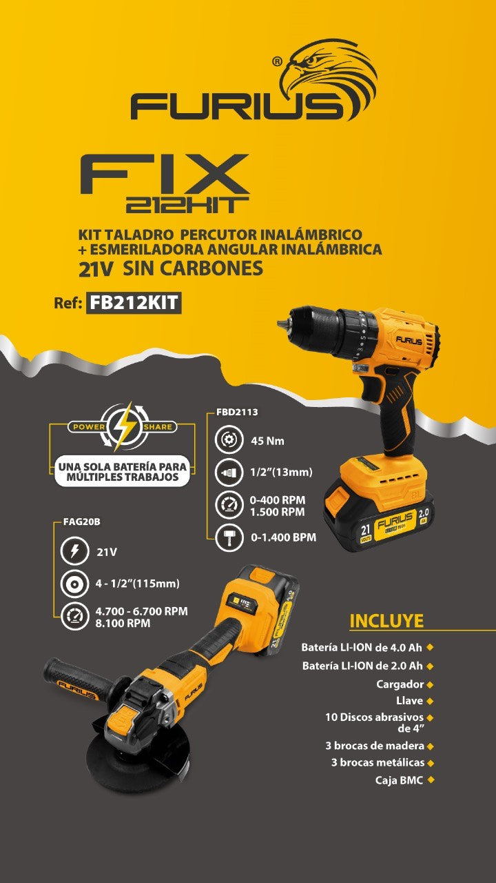 TALADRO PERCUTOR INALAMBRICO BRUSHLESS  1/2 " 21V + ESMERILADORA ANGULAR INALAMBRICA BRUSHLESS 4 1/2" 21v