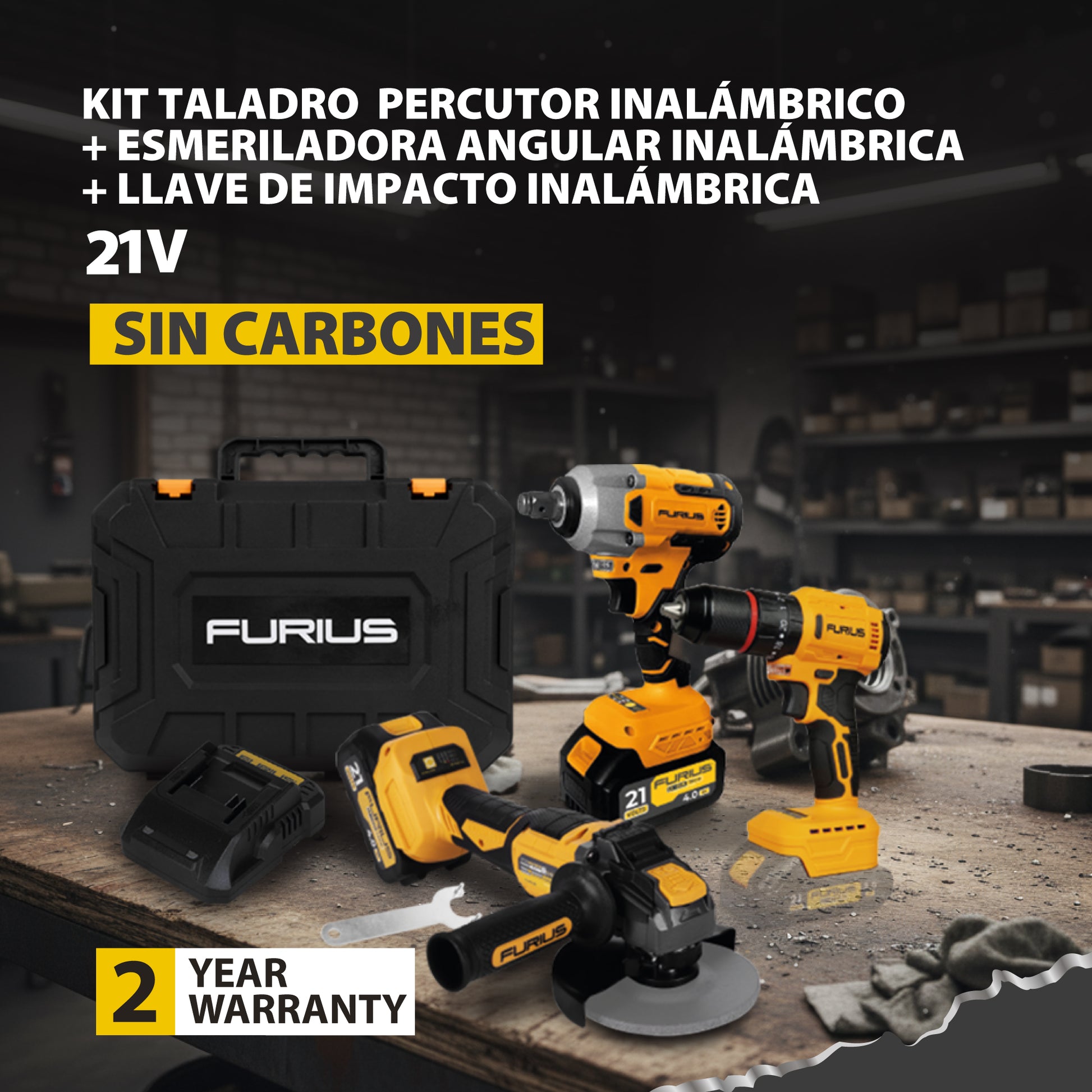 KIT DE TALADRO, ESMERIL Y LLAVE DE IMPACTO + 2 BAT + CARGADOR