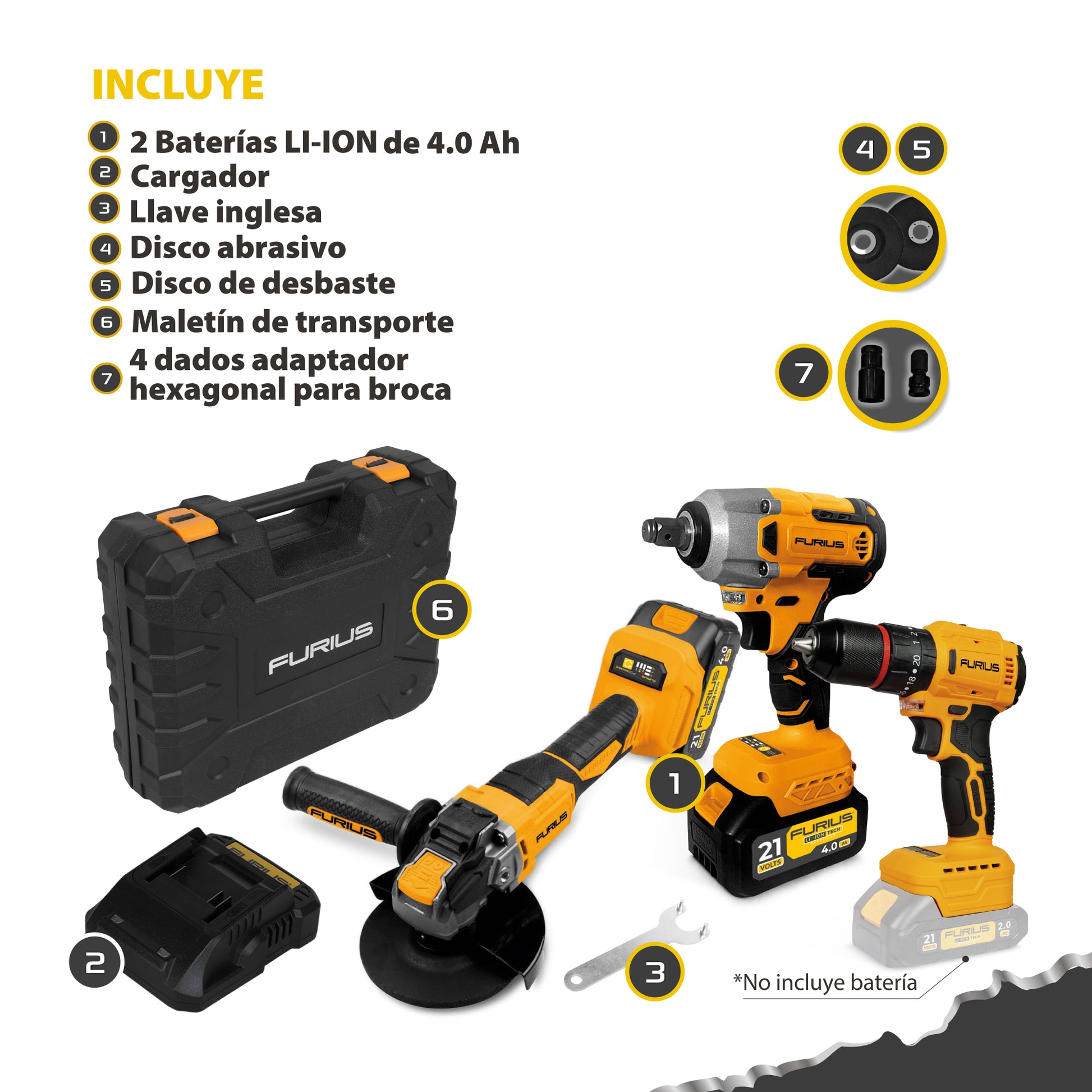 KIT DE TALADRO, ESMERIL Y LLAVE DE IMPACTO + 2 BAT + CARGADOR