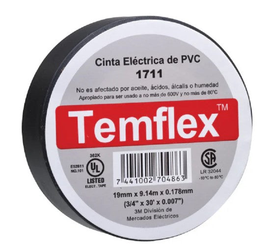 Tape Eléctrico - 3/4" x 30' - Temflex 165 Negro 3M